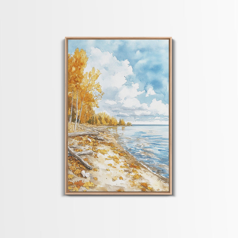 Autumn beach scene with golden trees and calm shoreline Framed Canvas Print, fall landscape art perfect autumn wall decor for rustic homes