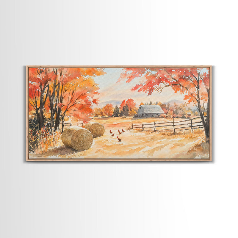 Autumn farmhouse decor Canvas Print fall landscape with barn and chickens harvest season gift idea rustic fall wall art holiday home decor