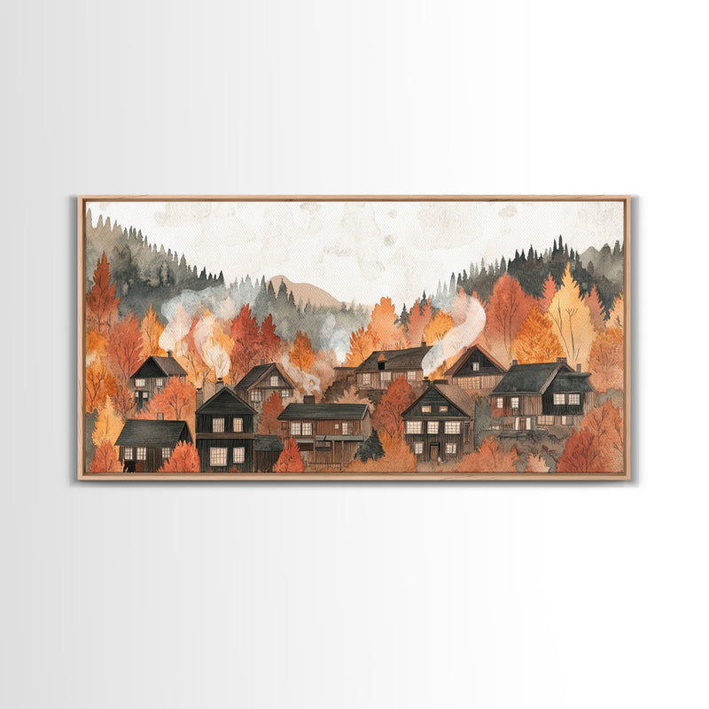 Autumn village decor Framed Canvas Print rustic village with fall trees cozy seasonal wall art gift idea moody landscape autumn home decor