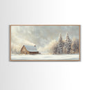 Snowy Barn In Winter Wonderland Tall Art Framed Canvas Print Tranquil Rustic Barn Covered In Snow With Pine Trees Winter Landscape