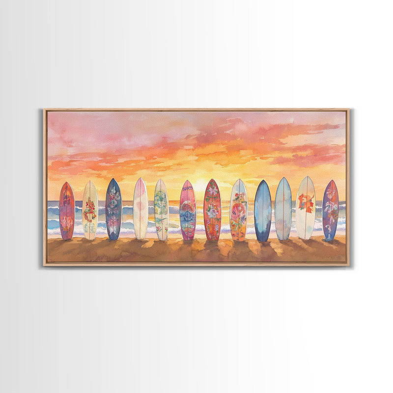 Vibrant Sunset Beach Art Surfboard Canvas Print Tropical Beach Wall Art Framed Canvas Print Fall Beach Scene Autumn Surfboard Decor