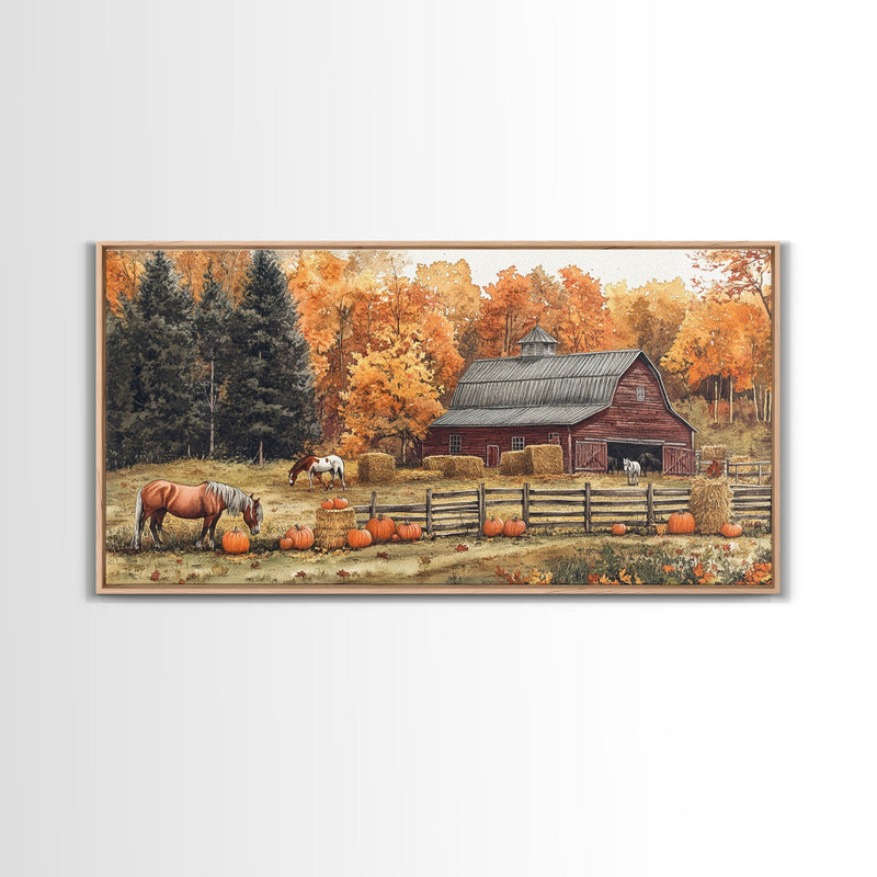 Autumn Barn Pumpkin Horses Canvas Print Farmhouse Fall Decor Seasonal Wall Art Framed Canvas Print Rustic Fall Farmhouse Wall Art