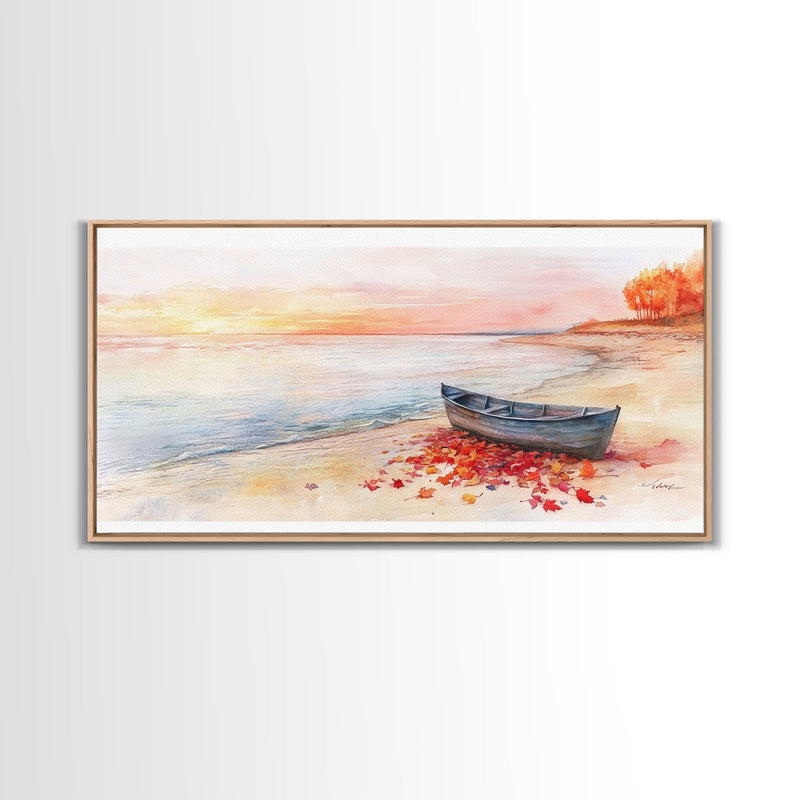 Autumn beach landscape art, fall sunset wall art, coastal boat decor, beach fall home decor, seasonal wall art gift, framed canvas print