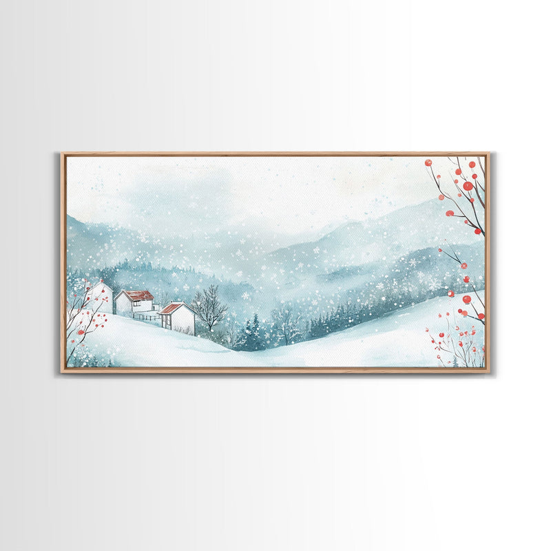 Winter mountain village art, snow-covered landscape, holiday wall art, winter wall decor, cozy winter home decor, framed canvas print