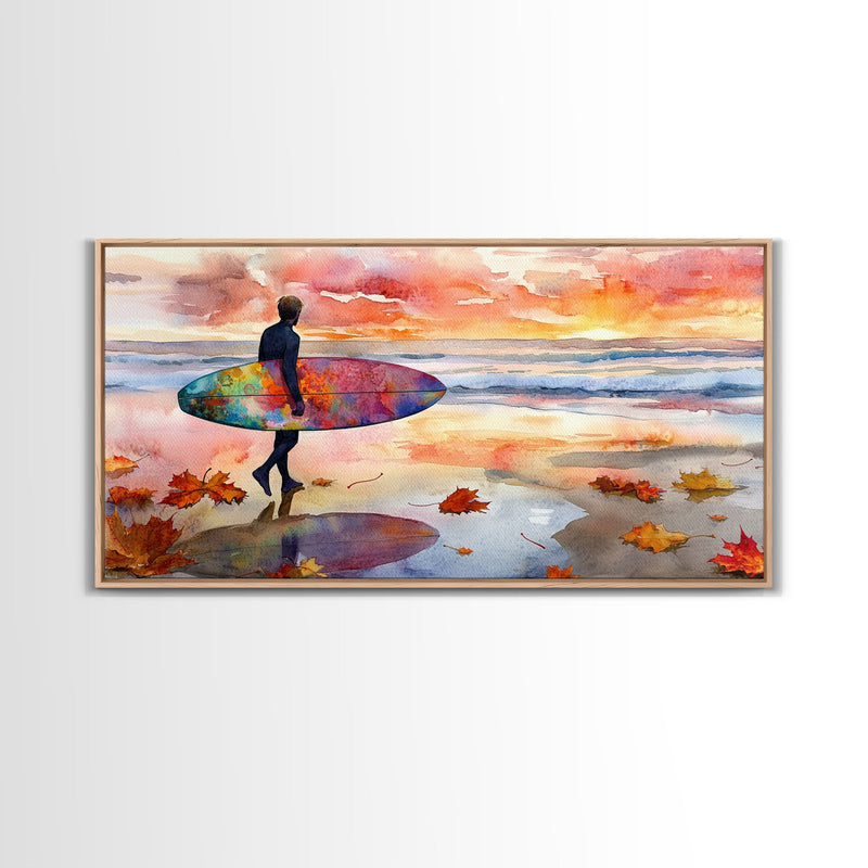 Autumn Surfing Sunset Canvas Print | Fall Surf Art Gift | Seasonal Wall Art Decor | Gift Idea | Beach Decor Fall Theme | Framed Canvas Print