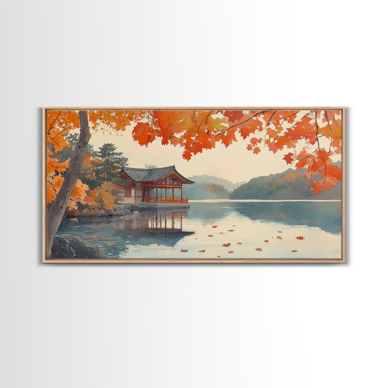 Autumn Japanese Lake House Canvas Print | Fall Wall Art Home Decor | Seasonal Fall Art | Gift Idea | 2024 Autumn Home Wall Art