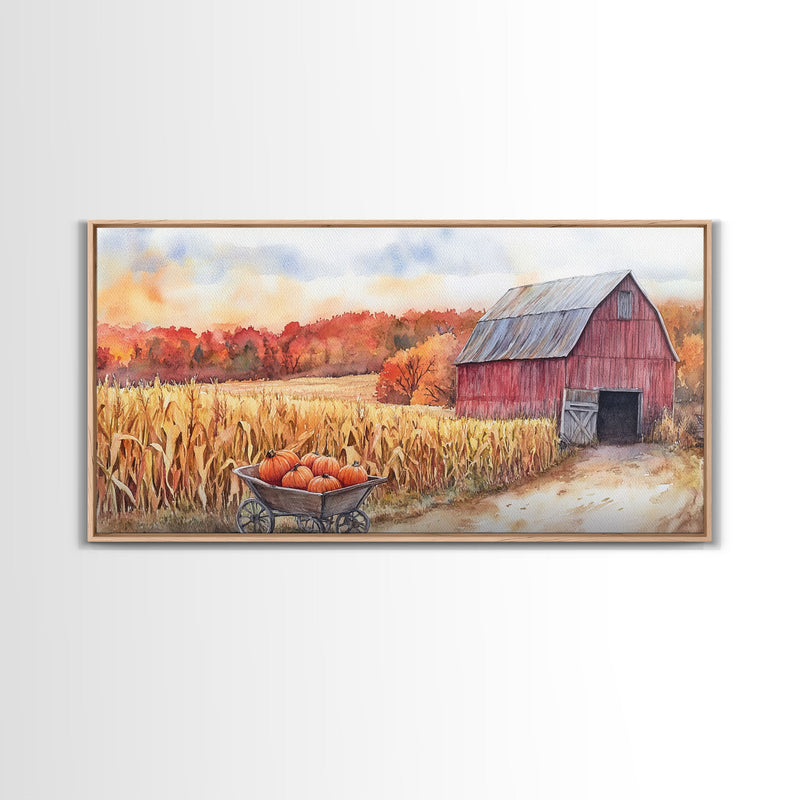 Autumn Barn with Pumpkins in Wheelbarrow, Farmhouse Fall Decor, Framed Canvas Print, Seasonal Wall Art, Country Home Decor, Gift Idea