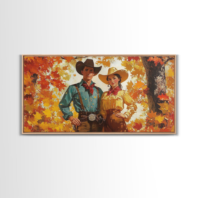 Autumn Cowboy In Forest Framed Canvas Print Western Cowboy Wall Art Fall Cowboy Gift Rustic Wall Decor Moody Landscape Above Sofa