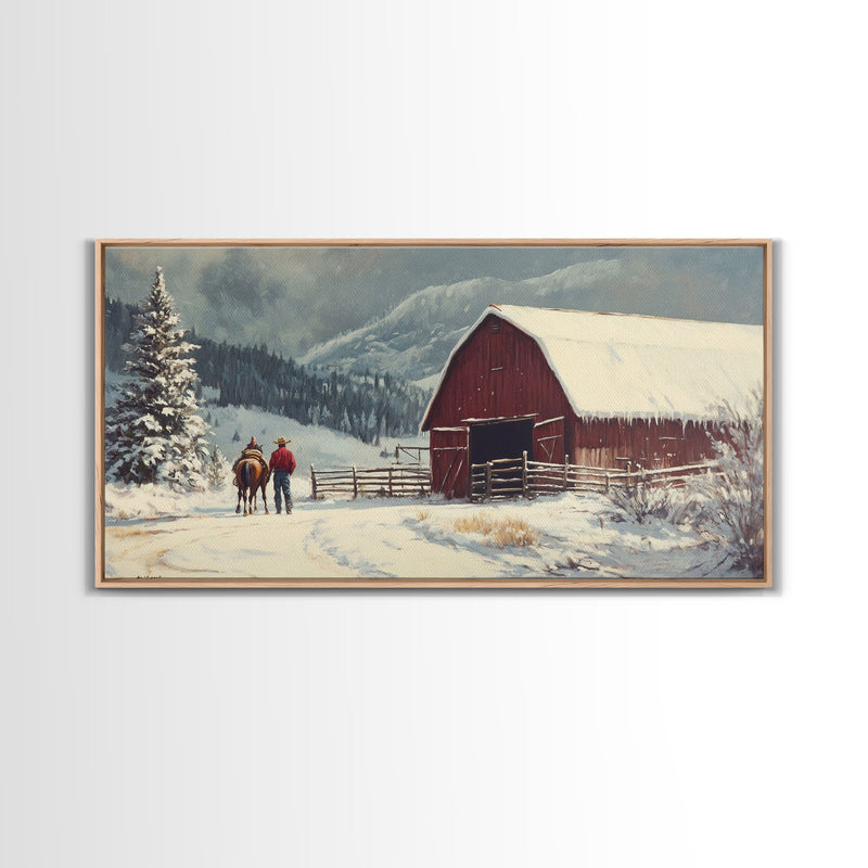 Winter On The Farm, Barn Painting, Framed Canvas Print, Primitive Farmhouse Decor, Christmas Decor, Winter Wonderland Rustic Winter Wall Art