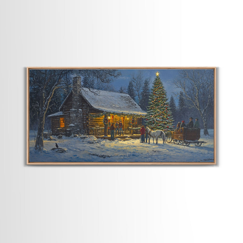 Winter Christmas Framed Canvas Print Cabin Christmas Tree Scene Wall Art Large Christmas Decor Perfect Rustic Holiday Wall Art