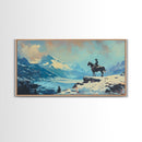 Smiling cowgirl in snow with autumn trees, Framed Canvas Print, rustic wall art winter autumn, tall art piece farmhouse country decor