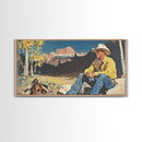 Bold monochromatic Framed Canvas Print showcasing a woman in a cowboy hat with horses in a snowy mountain landscape, rustic winter wall art