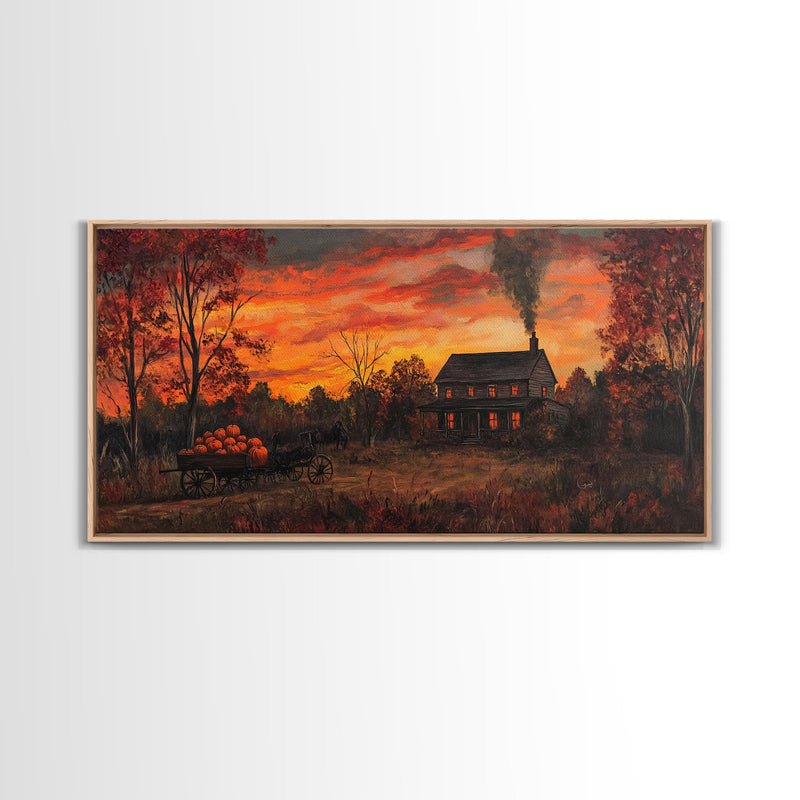 Autumn Sunset With Pumpkins And Horse Wagon, Cozy Fall Landscape Wall Art, Rustic Country Framed Canvas Print, Warm Autumn Home Decor