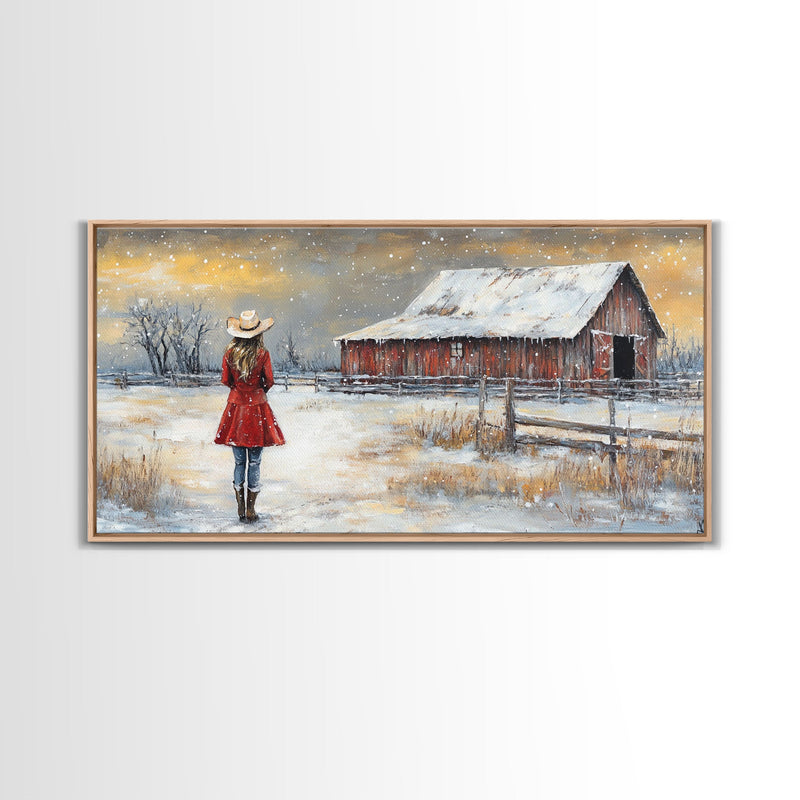 Barn Painting Framed Canvas Print, Cowgirl and her Barn, Rustic Farmhouse Decor, Winter Painting, Winter Wonderland, Farmhouse Wall Art