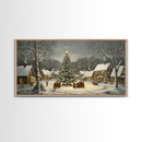 Large Christmas Tree In Snowy Village With Families, Winter Wonderland Holiday Wall Art, Framed Canvas Print, Rustic Christmas Decor