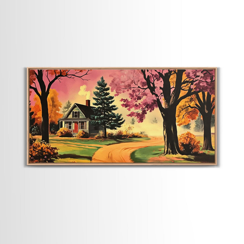 Autumn Landscape Framed Canvas Print, Cozy Country Farmhouse Pathway Art, Fall Home Decor, Modern Farmhouse Seasonal Wall Art Gift Idea