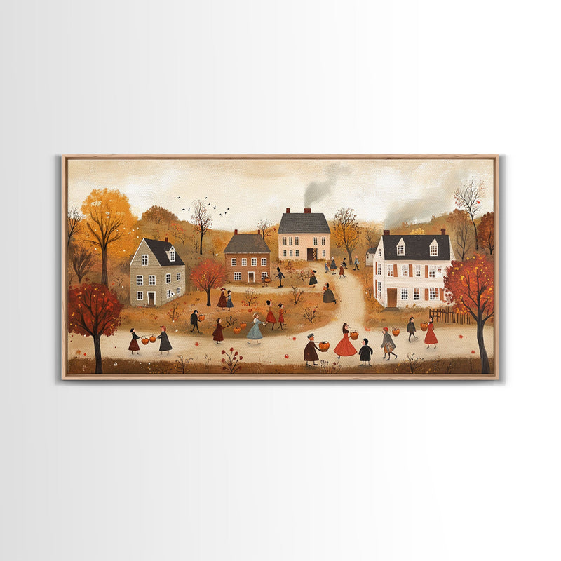 Autumn Harvest Village Scene Framed Canvas Print - Cozy Fall Decor and Seasonal Wall Art with Country Charm and Autumn Ambiance