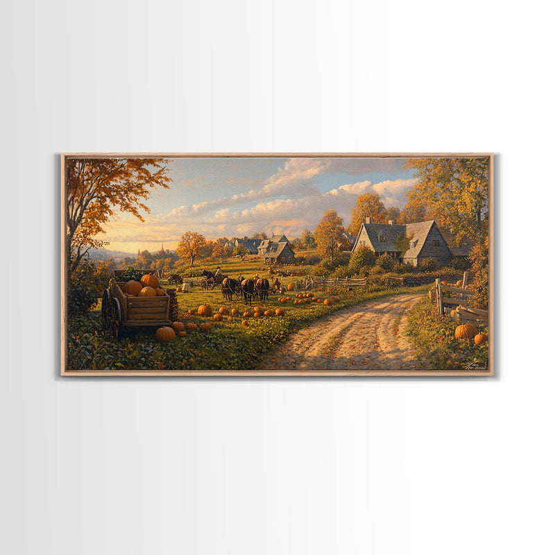 Autumn Pumpkin Harvest Framed Canvas Print, Fall Country Farm Scene Wall Art, Best Autumn Decor, Cozy Farmhouse Gift Idea