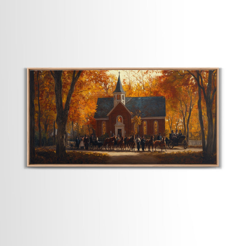 Beautiful Country Church in Autumn Scene Framed Canvas Print Fall Art, Rustic Autumn Church Scene, Vintage Wall Art Home Decor