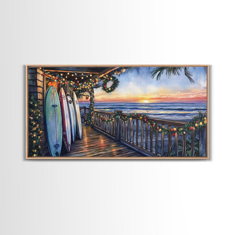 Beachfront porch with surfboards and Christmas lights, Framed Canvas Print with wreaths festive lights, coastal holiday wall art and decor