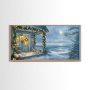 Rustic snowy mountain cabin with Christmas lights, Framed Canvas Print a cozy winter scene, perfect for winter wonderland wall decor