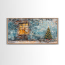Rustic urban Christmas wall art with a glowing window and decorated tree, framed canvas print perfect seasonal decor, winter holiday display