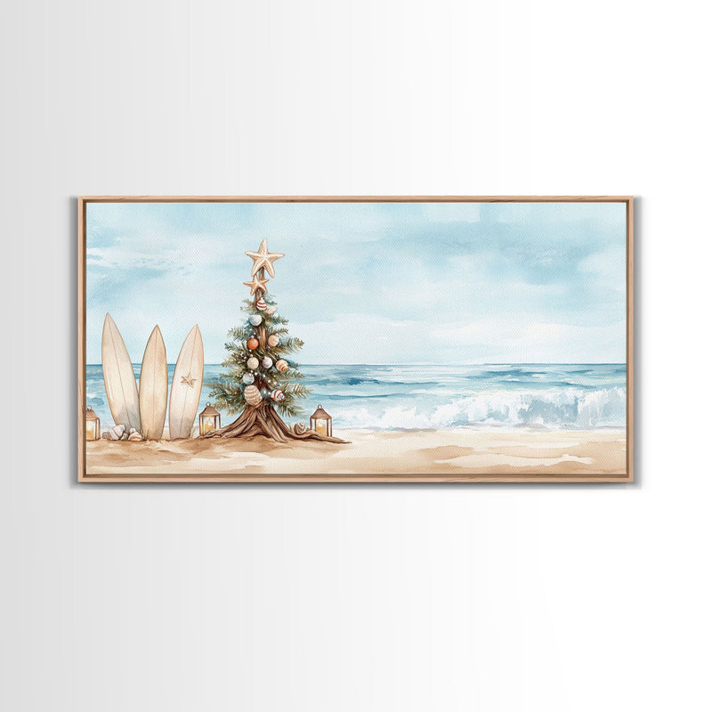 Beach Christmas scene with surfboards and decorated tree, tropical holiday art framed canvas print, perfect coastal seasonal decor