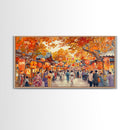 Vibrant fall market street scene with lanterns and people, framed canvas print, perfect autumn or fall festival decor wall art