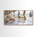 Snowy porch scene with wreaths and holiday greenery, framed canvas print, cozy winter Christmas decor perfect holiday wall display