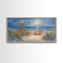Beach Christmas family gathering by the ocean and bonfire, framed canvas print featuring tropical holiday decor wall art