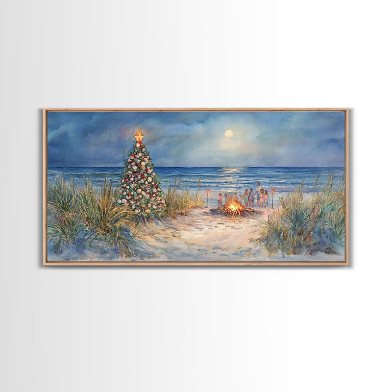 Beach Christmas family gathering by the ocean and bonfire, framed canvas print featuring tropical holiday decor wall art