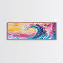 Rainbow Waves, Pink and Turquoise Ocean Waves Framed Canvas Print, Eclectic Kitsch Decor, Retro Farmhouse Wall Art