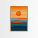 Sunset Over The Ocean Minimalist Print, Vertical Sea Sun Framed Canvas, Waves Line Art, Blue and Orange Sunset Beach House Painting