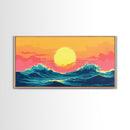 Synthwave Sunset Over Ocean Waves, Framed Canvas Print, Retro 80s Inspired Home Decor Wall Art