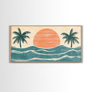 Japanese Wood Block Print Style Sunset and Palm Trees, Framed Canvas Print, Boho Style, Minimalist home Decor