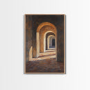 Sunlight Peaks Through the Pillars, Framed Canvas Print, Moroccan Style Wall Art, Moroccan Painting, Paint of Morocco