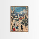 Ice Skating in The Streets on Christmas Morning Framed Canvas Print - Retro Christmas Village Wall Art - Christmas Above Mantle Centerpiece Art