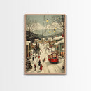Vintage Christmas Trolley Painting Print, Framed Canvas Art, Christmas Village Wall Art