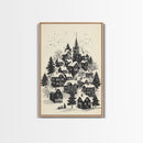 Black and White Sketch of A Christmas Village Canvas Print - Framed Canvas - Minimalist Christmas Art - Boho Christmas Art - Rustic Christmas Art
