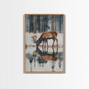Elk Drinking Water Oil Painting Print, Framed Canvas, Deer Drinking Water In Forest Painting, Nature Decor, Cabin Wall Art, Winter Wall Art