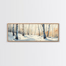 Birch Tree Forest In The Snow Covered Winter Framed Canvas Print, Panoramic Wall Art, Original Birch Tree Art, Birch Tree Painting, Horizontal Art