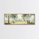 Silver Birch Trees in Spring Panoramic Canvas Print, Panoramic Painting, Aspen Trees Painting, Forest Landscape Horizontal Wall Art