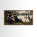 Victorian Women Having a Summer Party on the River, Framed Canvas Print, Victorian Summr Day Oil Painting Print, Whimsical Wall Art
