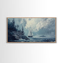 Pirate Ship Off The Coast, Framed Canvas Print, Wood Framed Art, Nautical Decor, Sailboat Painting