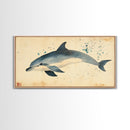 Retro Minimalist Dolphin Painting, Dolphin Home Decor, Framed Canvas Print, Nautical Decor, Elegan Japanese Style Artwork, Wabi Sabi Art