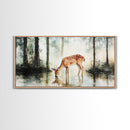 Rustic Farmhouse or Cabin Wall Art Painting of a Deer Drinking Water In The Forest, Minimalist Farmhouse Decor, Framed Canvas Print