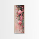 Lantern Glow Canvas Print, whimsical Moroccan wall art with light pink tones and floral accents, tall skinny vertical wall art piece.