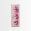 Pink Cupcake Trio Canvas Print, Whimsical Kitchen Art, Rustic Light Pink Wall Art, Food Review Vertical Artwork, Gift Idea For Her