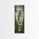 Trout In Mountain Scene Framed Canvas Print Rustic Landscape Art Fly Fishing Wall Art Skinny Wall Art Tall Vertical Decor