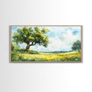 Sunny Meadow Elegance Canvas Print Featuring Oak Tree Art and Wildflower Painting Rustic Decor for Living Room Wall Art
